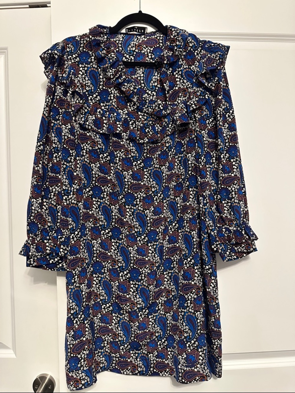 Sandro Blue and Black Paisley Ruffle Dress